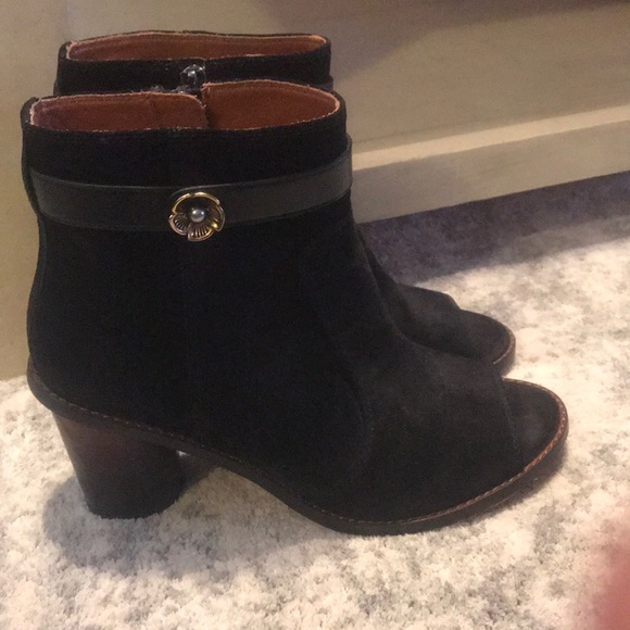 Black peephole Coach booties with zip up sides. - Picture 3 of 6